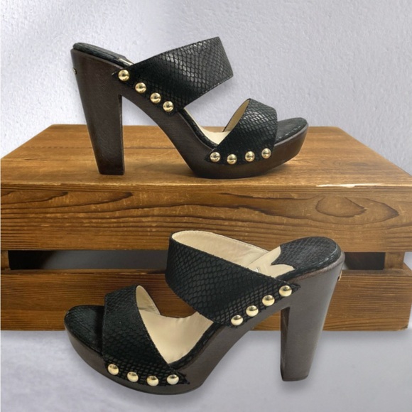 Jimmy Choo Shoes - Luxury Jimmy Choo Ulrika Black Leather Snakeskin Wood Heels Size 38